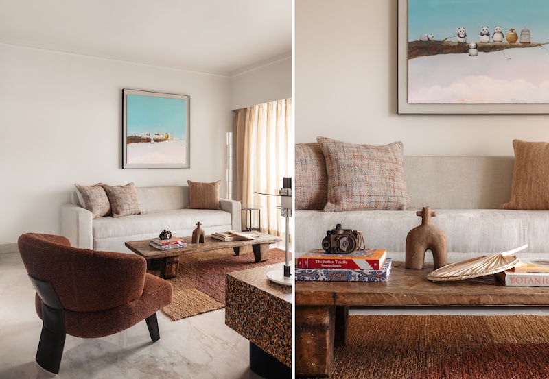 Left: The sofa cum bed is from The Rocking Chair paired with the boucle armchair from Excella Experts to transform the den into a hangout space. Right: The rustic Naga table in the den is by Sarita Handa and the rug is by Jaipur Rug, while the cushions are from Pottery Barn. (Image Credits: Lokesh Dang)