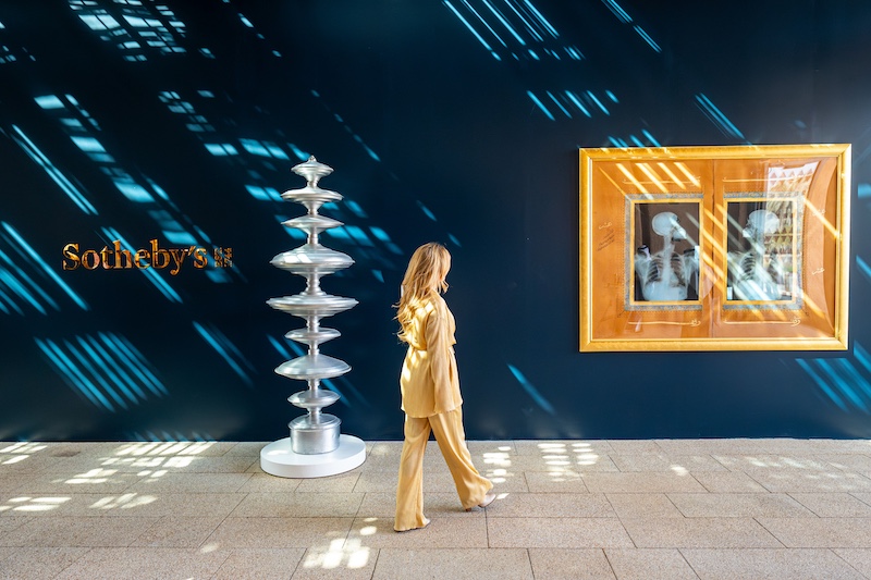 On the left is Maha Malluh, Magadeer's ‘Food for Thought’ and on the right is Ahmed Mater, Illumination Diptych’s ‘Makkiah Tale’. (Image Credits: Courtesy of Sotheby’s)