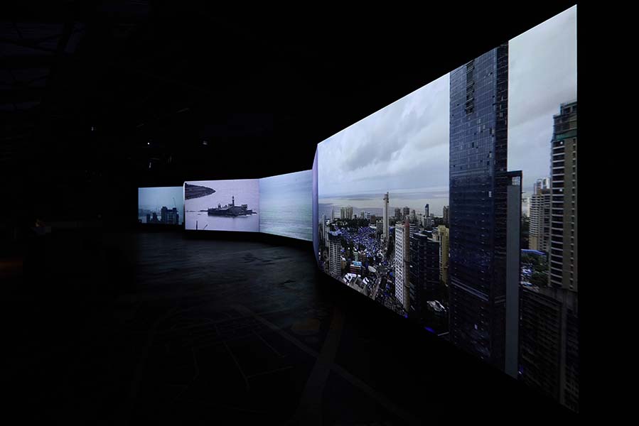 Installation view ‘Bombay Tilts Down’ at the Sasson Docks by CAMP, Seven-channel environment with music, 13 min 14 sec, looped, (Image Credits: CAMP) 