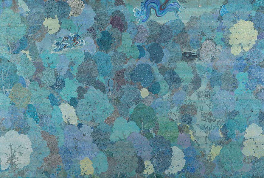 ‘Thieves in the Forest’ by Varunika Saraf, 2024, Watercolour on wasli backed with cotton textile, (Image Credits: The Kenneth and Yasuko Myer Collection of Contemporary Asian Art. Purchased 2024 with funds from Michael Sidney Myer through the Queensland Art Gallery, © Varunika Saraf) 