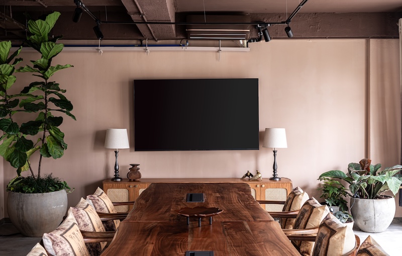 conference room, dining table, solid wood, tv