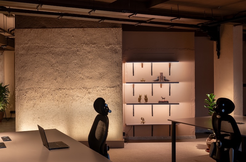 beige interiors, mood lighting, office chair