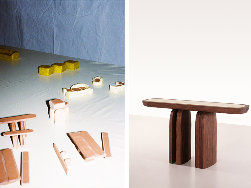 Left: The conceptualisation of the ‘Bread and Butter’ collection in its initial stages kneaded from Cornish butter and sliced ciabatta and stacked sourdough. Right: The Bread Console, with its pale primrose maple inlay top, translates to a cross-section of a buttered loaf. (Image Credits: Courtesy of Toogood) 