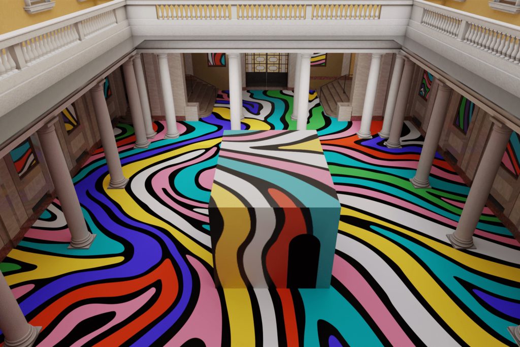 The courtyard of the Palazzo Moscova 18, Brera features a symphony of lights, colors, and shapes. (Image Credits: Courtesy of Glo and Michela Picchi) 