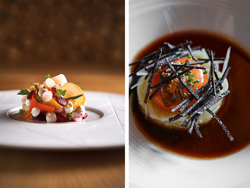 Left: At Le Farcon Chef Julien Machet elevates every dish with vegetables sourced directly from local producers, ensuring only the seasonal ingredients grace the plate. Right: 'Farçon'—a hearty potato pancake paired with Savoyard ham, a fresh mixed salad, and a creamy fromage blanc sauce with chives and shallots, is served at Le Francon. (Image Credit: Le Farcon) 