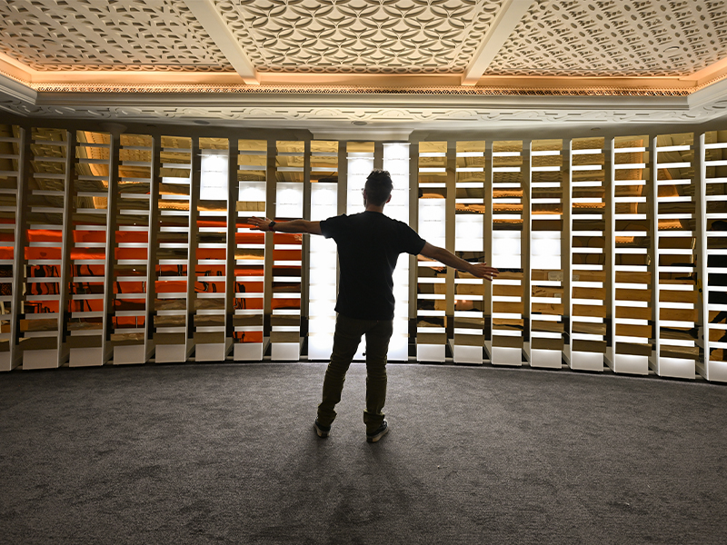 Installation view of Carbon Wake by BREAKFAST, 2025, AI-driven kinetic sculpture; (Image credits of Cedric Ribeiro, Getty Images for Art Dubai)