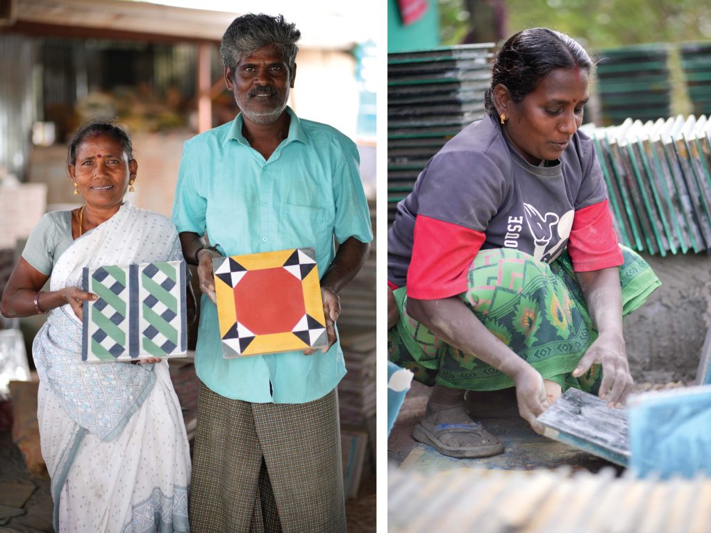 Local craftsmen with intricate patterned Athangudi tiles. (Image Credits: Nachiket Mahadik)