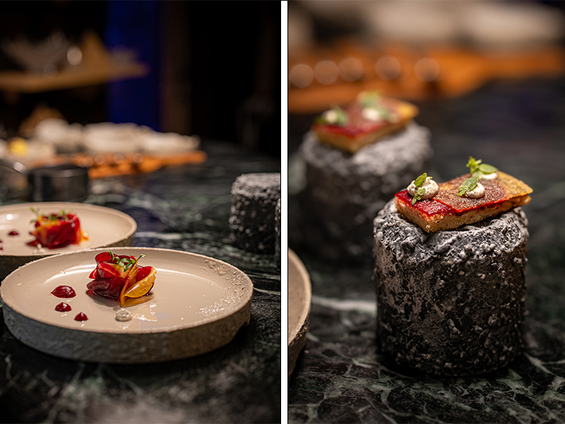 Left: This dish layers beetroot in a salty crust, puff pastry brioche, foie gras, and Richerenches black truffle to embody the layered flavours. Right: The sumptuous dishes at Le Sylvestre by chef Sylvestre Wahid draw references from the chef’s childhood. (Image Credit: Le Sylvestre) 