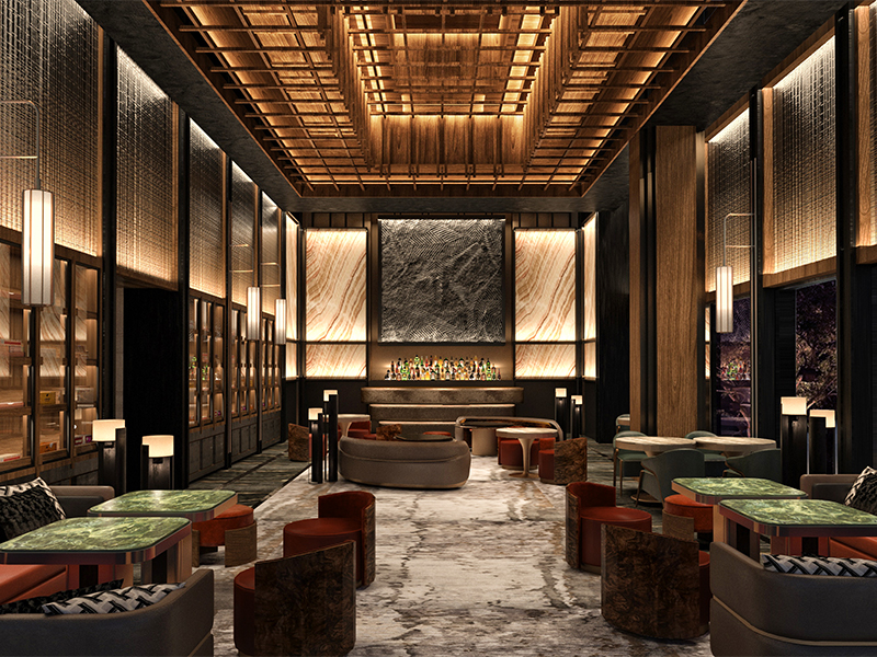 Nobu’s cigar lounge featuring hand-tooled leather, polished lacquer, and chiaroscuro lighting is a masterclass in epicureanism. (Credits: Rockwell Group & SODIC) 
