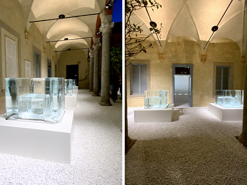 Left: The Ice sculptures titled ‘Frozen,’ sit under the vaulted corridors of Palazzo Landriani in Brera. Right: The sculptures are a prelude to the Grand Seiko exhibition that unfurls inside.  (Image Credits: Courtesy of the Tokujin Yoshioka)
