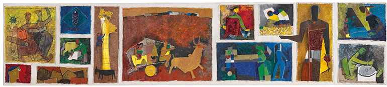 The mural-size painting of the ‘Untitled (Gram Yatra)’ by M.F. Hussain. (Image Credits: Courtesy of Christie’s) 