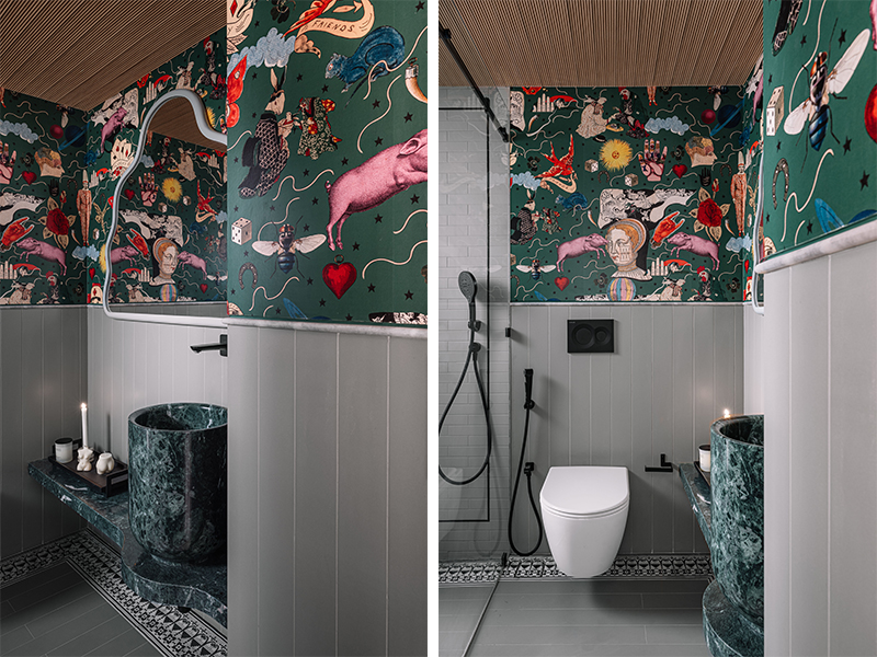 Left: The powder room commands attention with a striking wallpaper from TPC, perfectly complemented by a bespoke emerald sink from PB Home. Right: The handcrafted marble counter adds an air of opulence to the bathroom. (Image Credits: Ishita Sitwala) 