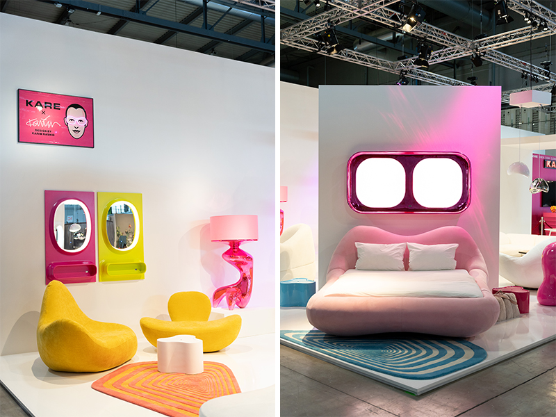 Left: The XXL Armchair paired with the Flow Figure floor lamp, Lotus Coffee Table and Aero Mirror with Light adds an eccentric touch. Right: The Fluid Dream bed, along with Electric Diamond Carpets, seems straight out of a space-age era. (Image Credits: Courtesy of Kare) 