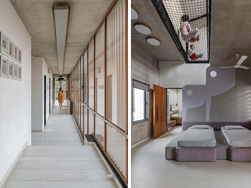  Left: The corridor serves as a prelude to the verdant realm beyond. Right: The kid's bedroom moves away from the neutral tones, featuring pops of colour and furniture (Image Credits: Pratik Chandresa)
