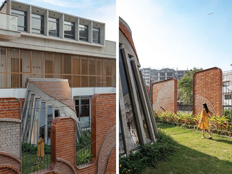 Left: The juxtaposition of variegated bricks and concrete imbues a distinct vibe to the entire home. Right: The garden peeks out into the neighbourhood through the perforation in the compound wall. (Image Credits: Pratik Chandresa)
