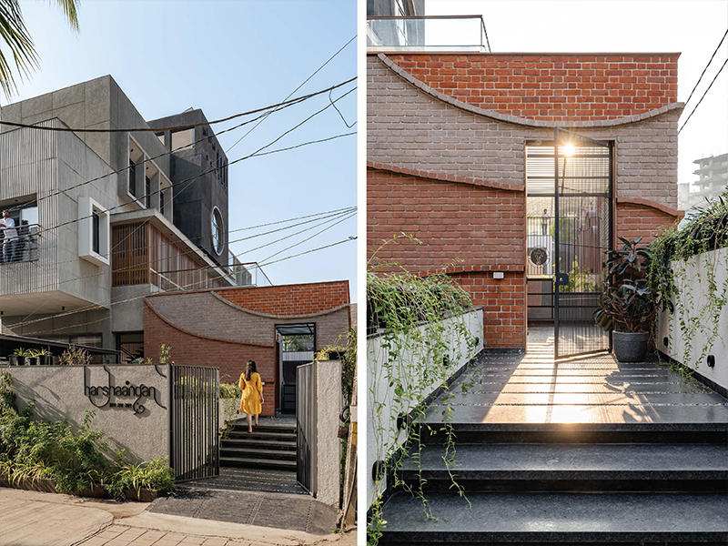 Left: The concrete and brick facade is a coming together of contemporary and vernacular. Right: The exposed brick facade at the entrance sets the tone for the home. (Image Credits: Pratik Chandresa)
