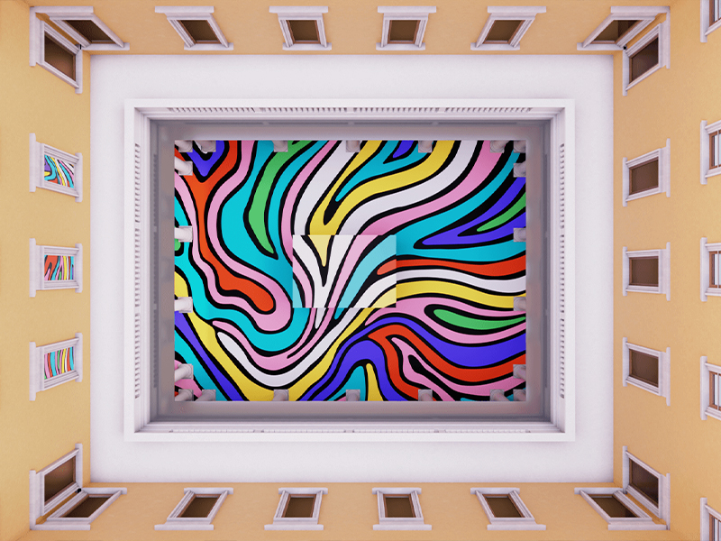 The courtyard of the Palazzo Moscova 18, Brera features a symphony of lights, colors, and shapes. (Image Credits: Courtesy of Glo and Michela Picchi)