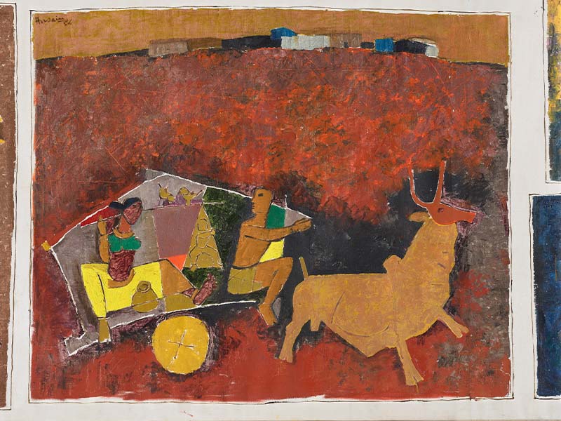 A detailed view of the ‘Untitled (Gram Yatra)’ by M.F. Hussain. (Image Credits: Courtesy of Christie’s)