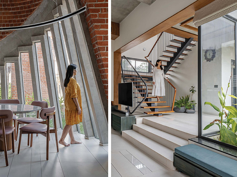 Left: The dining area is drenched in natural light streaming through the windows. Right: The sleek floating staircase and railing allow the flow of light throughout the home. (Image Credits: Pratik Chandresa)
