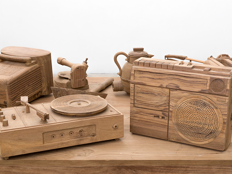 Installation view of Future Remains by Sudarshan Shetty, 2024, Reclaimed wood; (Image courtesy of Galerie Krinzinger & the artist, Photo: Carmen Alber) 