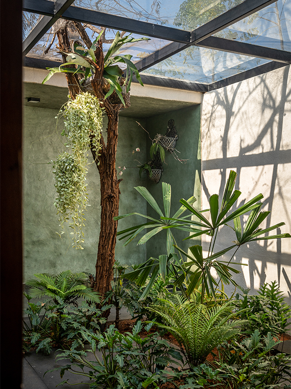 Left: The glass ceiling ensures the bathroom is naturally lit while offering a view of the stars at night. (Image Credits: The Episodes Curators) 