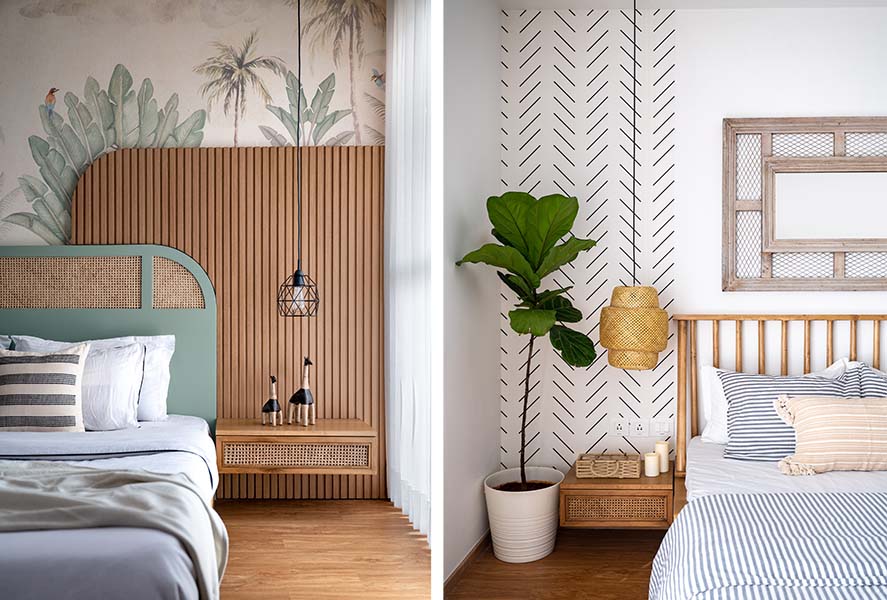 The bedrooms for this vacation home, designed by The Design Collaborative, have wicker-inspired headboards, and cane-hanging lights from Claymango while the wallpaper is from House of Ikari. (Image Credits: Nayan Soni) 