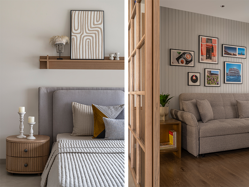 Left: The parents’ bedroom features soothing grey hues and wooden details, blending comfort with elegance. Right: The in-house studio features a soft colour palette, quirky wall accents and wooden flooring. (Image Credit- Noaidwin Sttudio) 