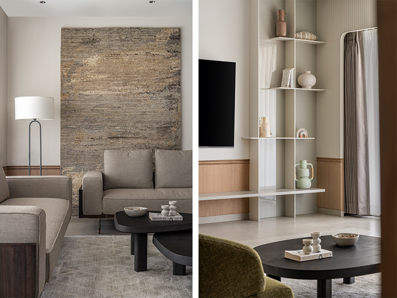 Left: Furniture from Antalaya Homes adorns the pastel-toned living room, with a white corner lamp from Littoria. A textured rug from Jaipur Rugs is the highlight of the room. Right: Open shelves at the corner of the living room are a smart way to keep books, ceramics and plants. (Image Credit: Noaidwin Sttudio) 