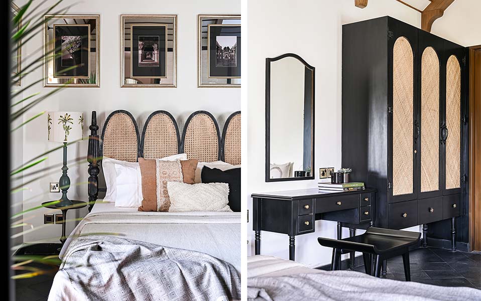 The rattan furniture adds rustic charm to the guest bedroom designed by Studio Ruh. (Image Credits: Nayan Soni)