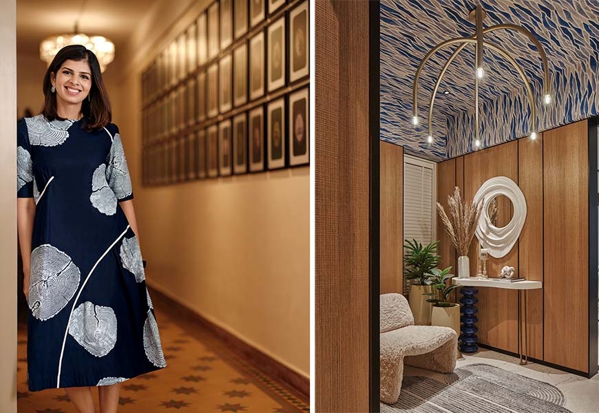 Left: Sarah Sham is a Mumbai-based principal designer at Essajees Atelier. Right: One of the most striking features of the show flat is the entrance foyer, which acts as a visual gateway to the rest of the home. (Image Credits: Suleiman Merchant) 
