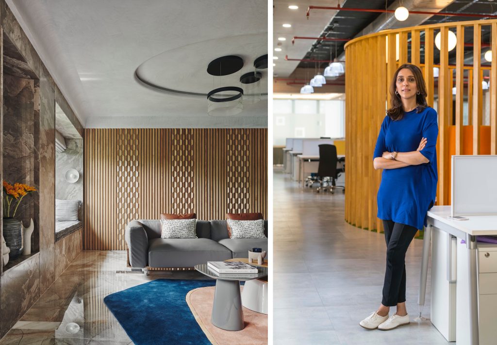 L: Muted colour palettes, bright tones and materials such as hand-carved ash wood panels and terracotta colour infusions. R: Pooja Bihani, Founder and Principal Architect of Kolkata-based firm ‘Spaces & Design’. (Image Credits: Spaces & Design) 