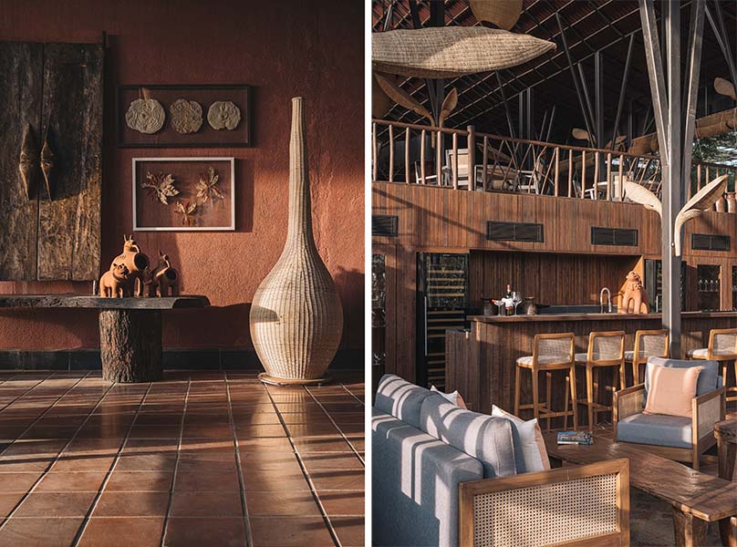 Left: A lamp from Wicker Story, frames from Anahita Ginwala, and pottery from Rajka, all made from natural materials, complement the earthy tones of the interiors. Right: Enjoy a soulful dining experience at the in-house restaurants at Tipai. (Image Credits: Ishita Sitwala) 