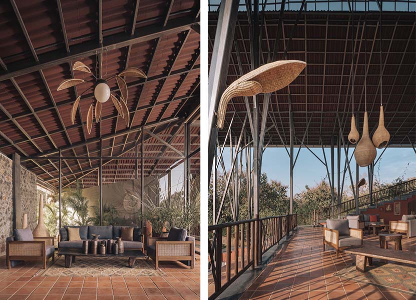 Left: A beautiful lamp from Wicker Story and artful furniture decorate the outdoor setting at Tipai. Right: The lighting from Wicker Story and furniture from This And That adorn the passageway at the property. (Image Credit: Ishita Sitwala) 