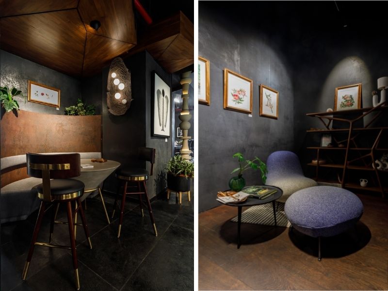 Left: A seating area that ensures the visitors pause and reflect on the artworks. Right: A nook in the project management consultancy office features artistic furniture. (Image Credits: Courtesy of IKKO)