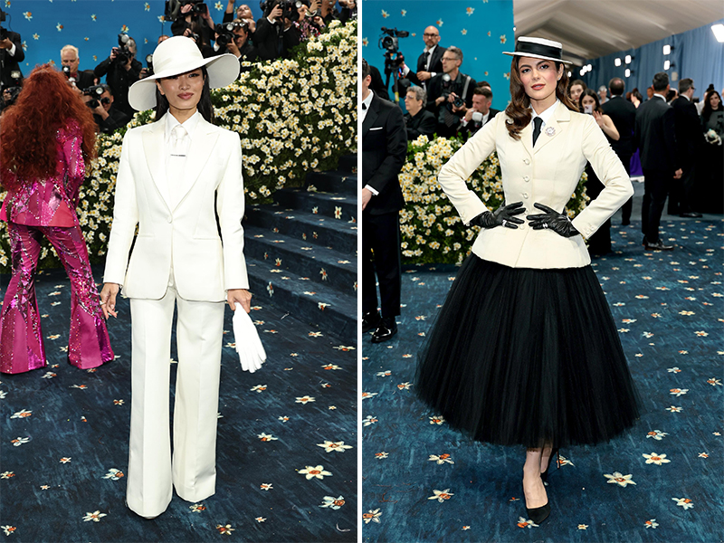 Left: Anna Sawai in Dior at the MET Gala 2025, while the carpet provides the perfect backdrop. Right: Monica Barbaro wore a Dior ivory silk bar jacket, posing against the floral carpet that complements her black tulle skirt. (Image Credits: Getty Images courtesy of Dior)