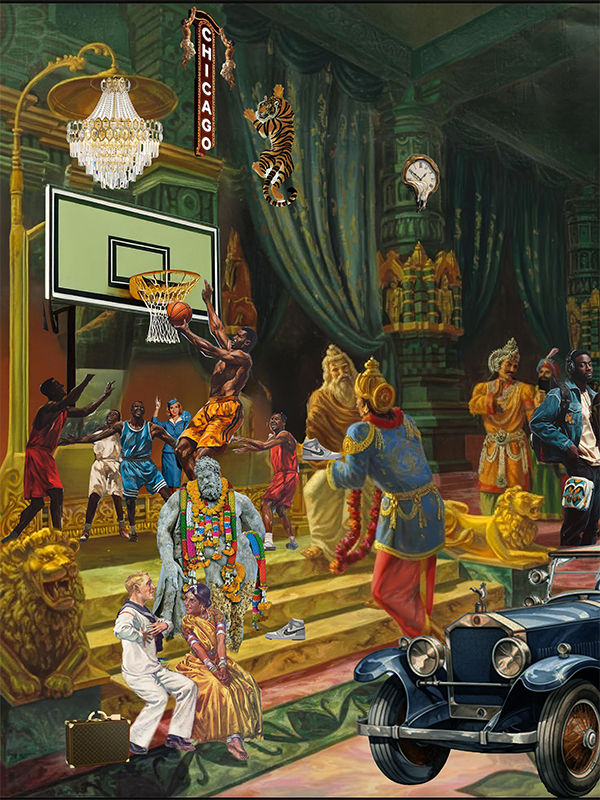 ‘Chicago Durbar’ was commissioned by Chef Sujan Sarkar for his new restaurant Nadu in Chicago. Oil on Canvas. 11 x 10 ft (Image Credits: Artist) 