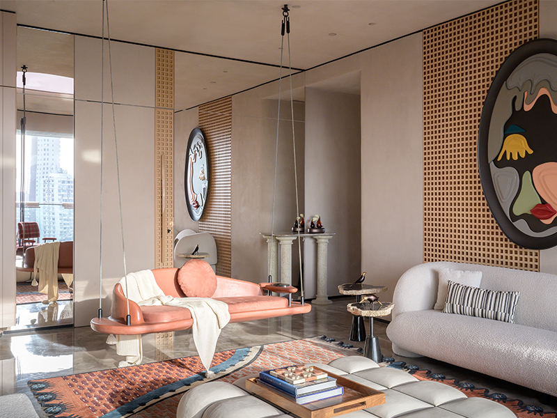 The Dune swing by Pieces of Desire is suspended in an elegantly designed living room by Design Hex. Price: ₹318,000 (Image Credits: Janvi Thakkar of Wabi-Sabi Studios)