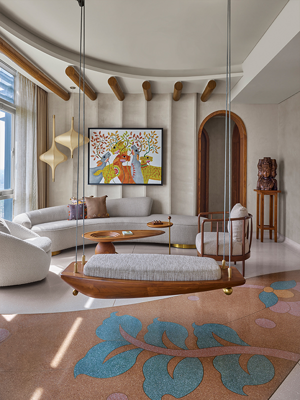 The Imbalance swing by Pieces Of Desire in an Indo-Wabi Sabi home helmed by Envisage Architecture. Price: ₹220,000 (Image Credits: Ashish Sahi) 