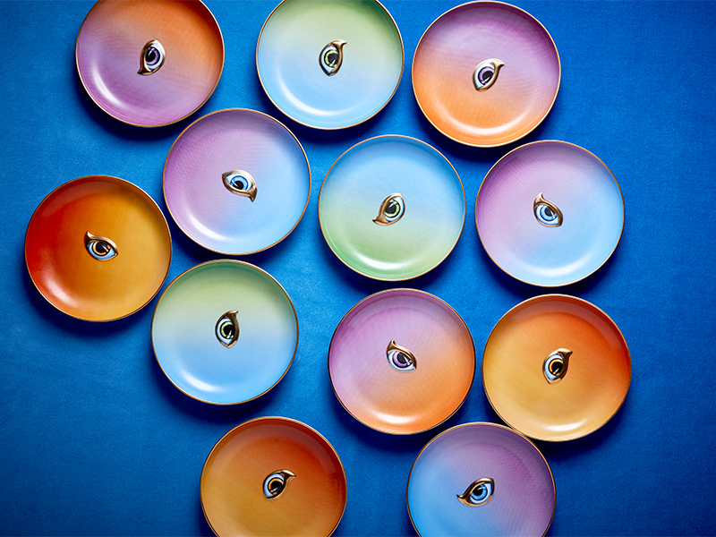 Through a special collaboration with jewelry designer Lito Karakostanogloui, L'OBJET Lito celebrates a connection between two designers using the eye; often used a symbolic talisman of good luck and protection. (Image Credits: L'OBJET, Longform)