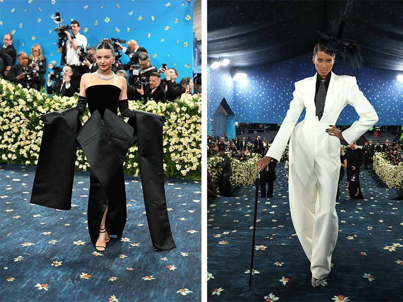 Left: Miranda Kerr wore a black velvet and silk dress that beautifully elevated the midnight blue carpet. (Image Credits: Getty Images, Courtesy of Dior) Right: Dutch Egyptian Moroccan model Imaan Hammam donned a designer Magda Butrym, striking a perfect contrast with the cobalt carpet. (Image Credits: Courtesy of Vogue Arabia)