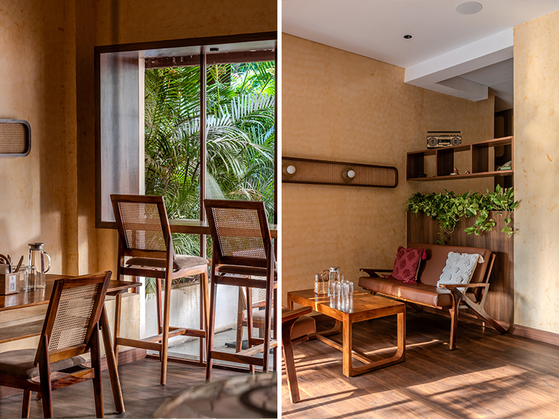 Wooden accents and rattan-infused furniture add an earthy touch to the interiors. (Image Credit: Abhishek Chavhan)