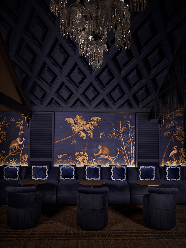 At the upper level of the inky blue bar, a crystal chandelier glimmers beneath a kinetic LED ceiling that shifts in colour, echoing a star-strewn night sky. ( Image Credit: Ashish Sahi)