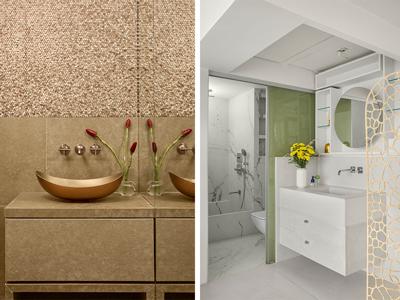 Left: The bathroom with gilded fittings from Axor and Kohler and the beige palette is a pop of neutral to the otherwise pristine palette. Right: In the master bathroom, a pastel green tint with fittings from Axor and Kohler and lighting from Focus lighting adds a sense of tranquillity to the space. (Image Credits: Isha Shah) 