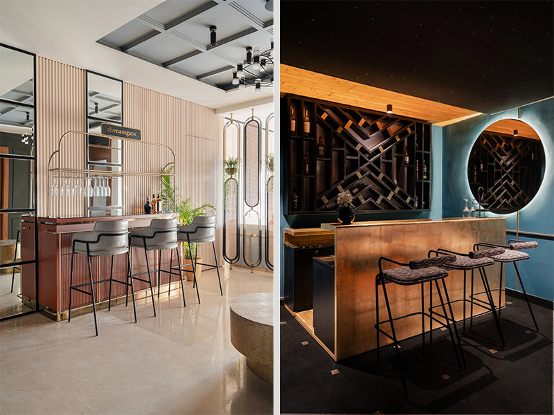 An engraved board with the word “Shenanigans” invites guests to partake in merrymaking at the get-go; a glamorous second bar in the family lounge features a geometric display and mirror. Lighting fixtures are by White Teak and Jainsons Emporio. (Image Credits: Palak Mitta, Styling Credits: Sveltee Space by Ayushi Yadav)