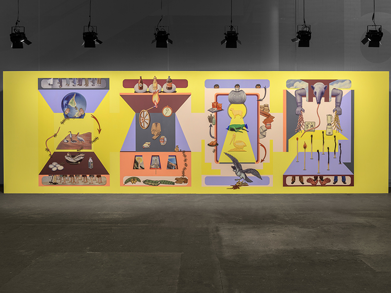 Installation view of ‘Conversiones’ by Claudia Martínez Garay, Painted mural, sublimated prints on aluminum, 2025 (Image Credits: GRIMM and the artist) 