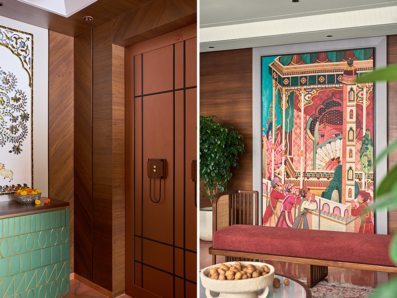 Left: Rooted in sacred artistry, the mandir corner is adorned with traditional Thikri mirror work- an intricate Rajasthani craft where hand-cut mirrors are set into lime plaster to reflect light and spirit. Right: An expressive mural inspired by Indian miniature painting anchors the living space with narrative charm (Image Credits: Rohit Mendiratta) 