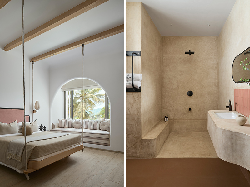 Left: The custom-made swing bed with cushions from H&M Homes flanking the daybed in the bedroom fuses traditional Goan influences with contemporary vibes. The bespoke bedside lamps add a subtle glow to the entire room. Right: The bathroom finished in Tadlakt Terra features sculpted basins, built-in seating and fittings from Grohe. (Image Credits: Yadnyesh Joshi)