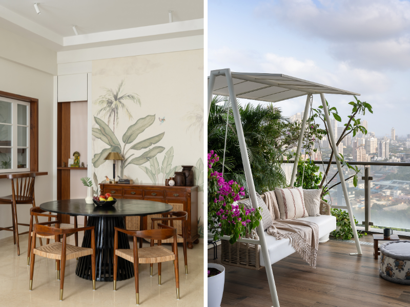 Left: In the dining zone, a circular arrangement optimises space, while a sleek credenza stows away essentials. A soft-patterned wallpaper from Ikari offers quiet visual relief, echoing the home’s organic charm. Right: The terrace acts as an extension of the living space: outfitted with a custom swing and lush with a cascade of plants, screening the space from neighbouring balconies while doubling as a natural buffer. (Image Credits: Biju Gopal) 