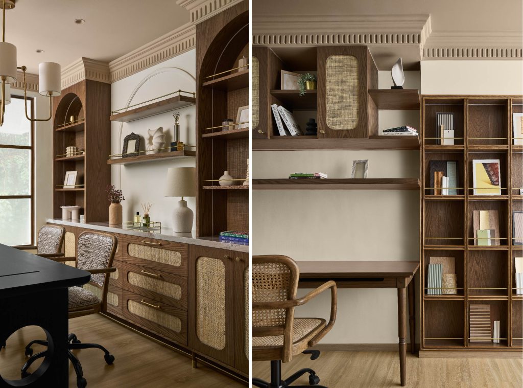 All furniture, including the patterned cabin chairs, is custom-made in the factory, and both work tables are built on-site. The wooden cabinetry, bookshelves and arched niches are adorned with brass hardware. The decor pieces are hand-picked from H&M Home and OMA. (Image Credits: Yadnyesh Joshi) 