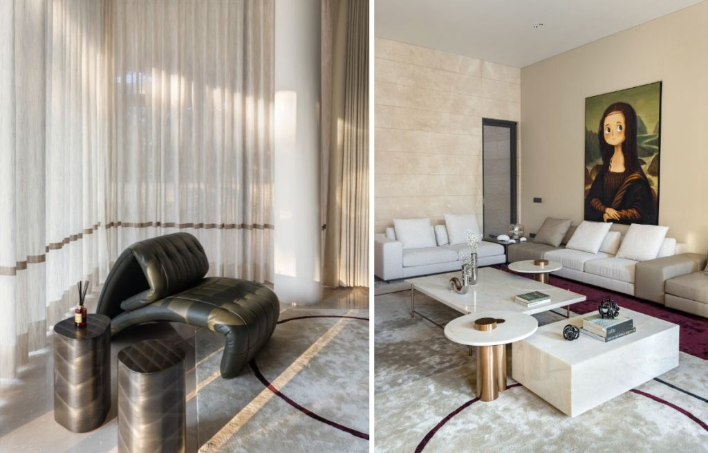 Left to Right: The recliner chair is a replica of a de Sede lounger. Sofas in diverse textures offset the walls daubed in muted tones by Asian Paints, anchored by gleaming marble and brass tables from Maanavi Homes to compose a sophisticated tableau in the formal living room. (Image Credits: Purnesh Dev Nikhanj)